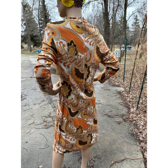 60s Groovy Print Knit Belted Shirt Dress 100% Virgin Wool Long Sleeve Orange Yel - Picture 4 of 16